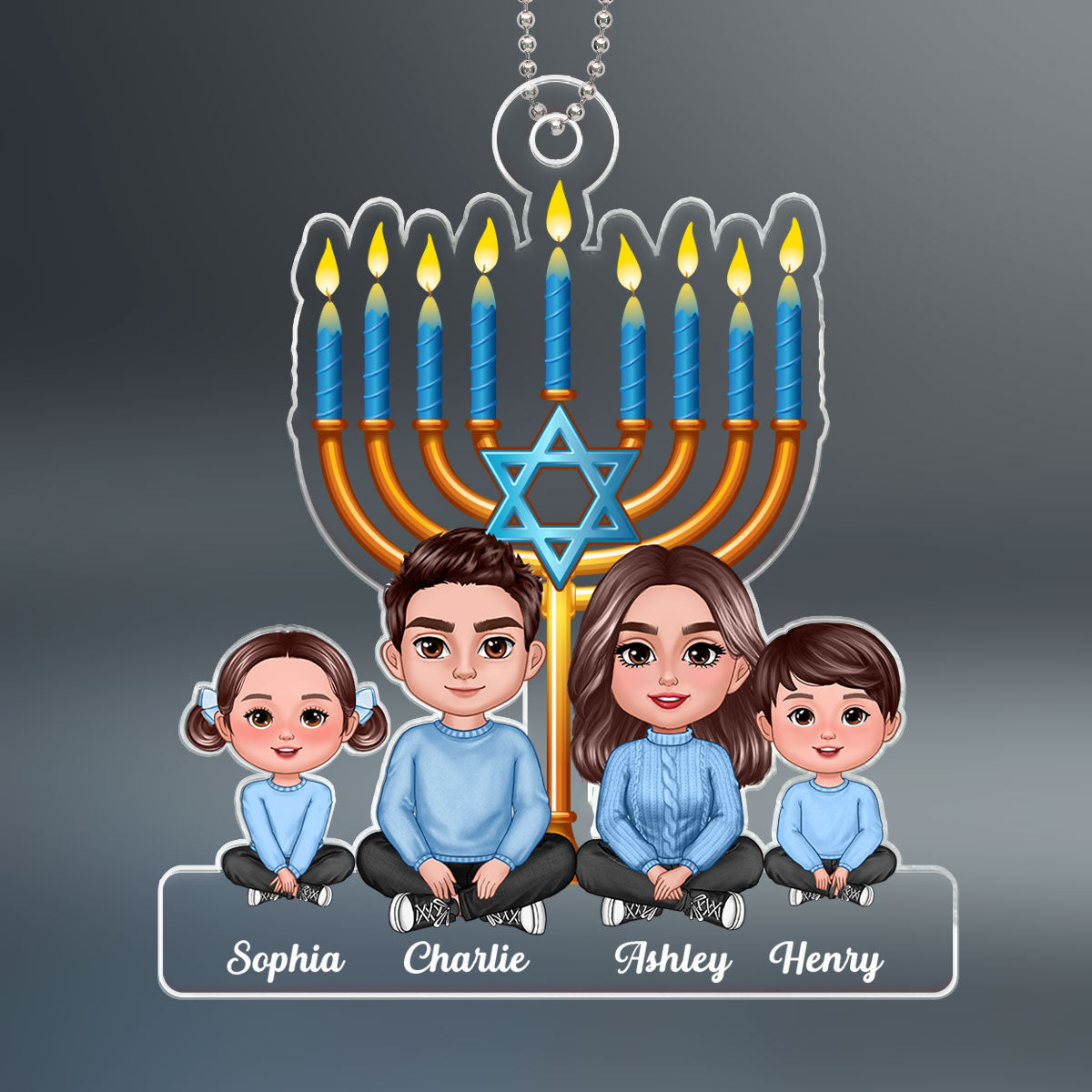 Family Crossed Legs Sitting Under Lights of Menorah Hanukkah 2023 Personalized Acrylic Ornament