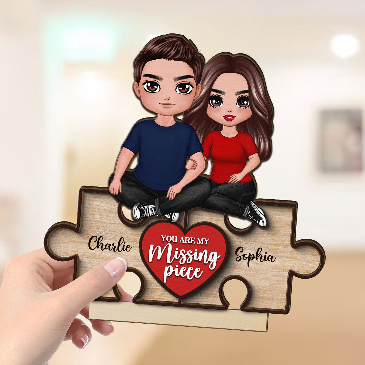 Couple Sitting On Puzzle Pieces You Are The Missing Piece To My Heart Personalized 2-Layer Standing Wooden Plaque, Heartfelt Gift For Couple, For Him, For Her, Boyfriend, Girlfriend, Husband, Wife