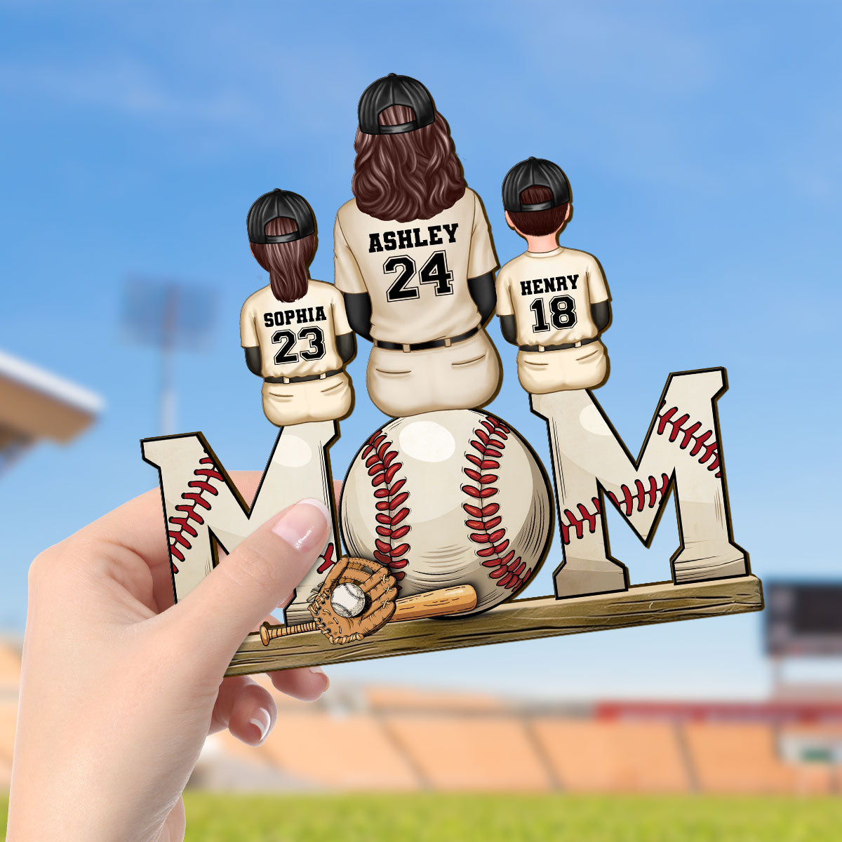 Baseball Mom Family Sitting Back View Personalized Standing Wooden Plaque, Gift for Wife, Gift for Mom