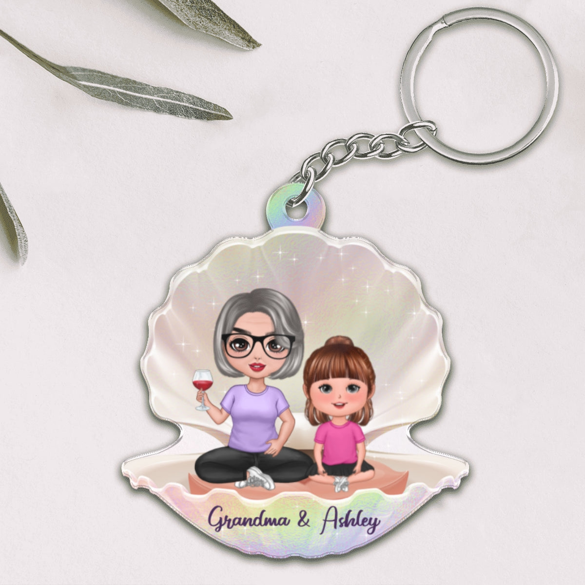 Doll Grandma Grandkid Sitting In Pearl Shell Personalized Acrylic Keychain