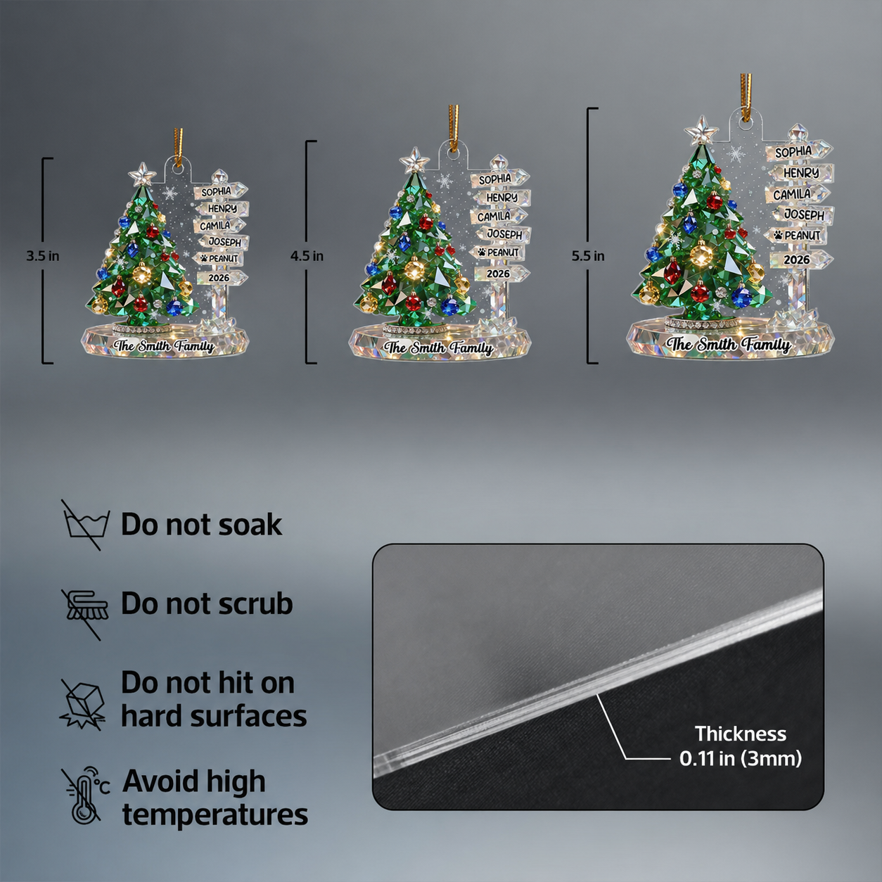 3D Crystal Effect Family Christmas Tree Sign Posts - Personalized Acrylic Ornament - Gift For Family