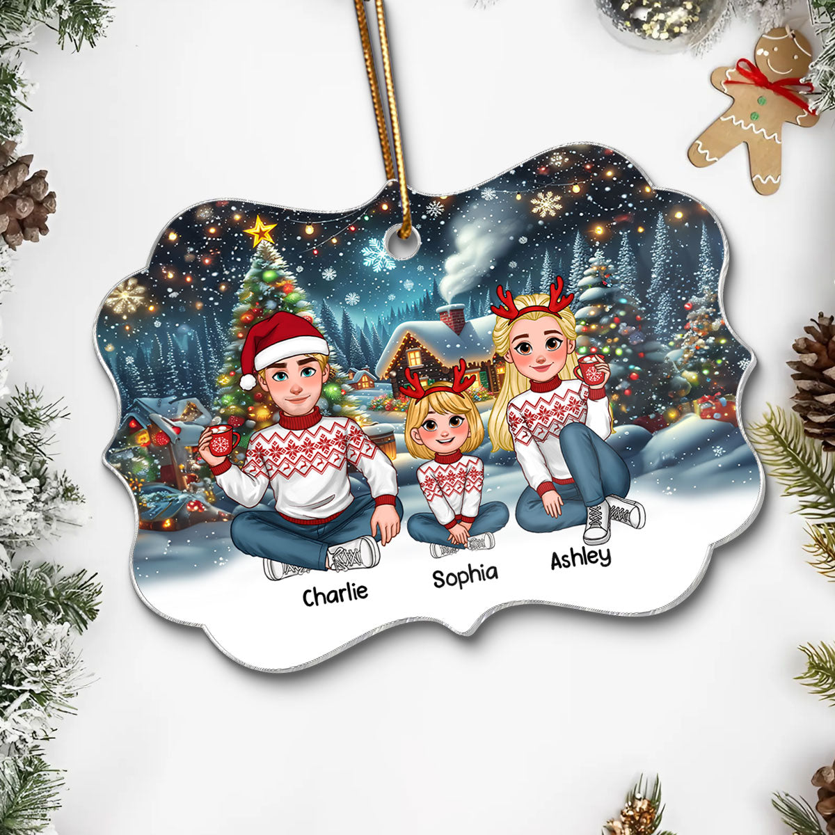 Cozy Christmas Animated Family Together Personalized Acrylic Ornament, Christmas Decoration, Christmas Gift For Family