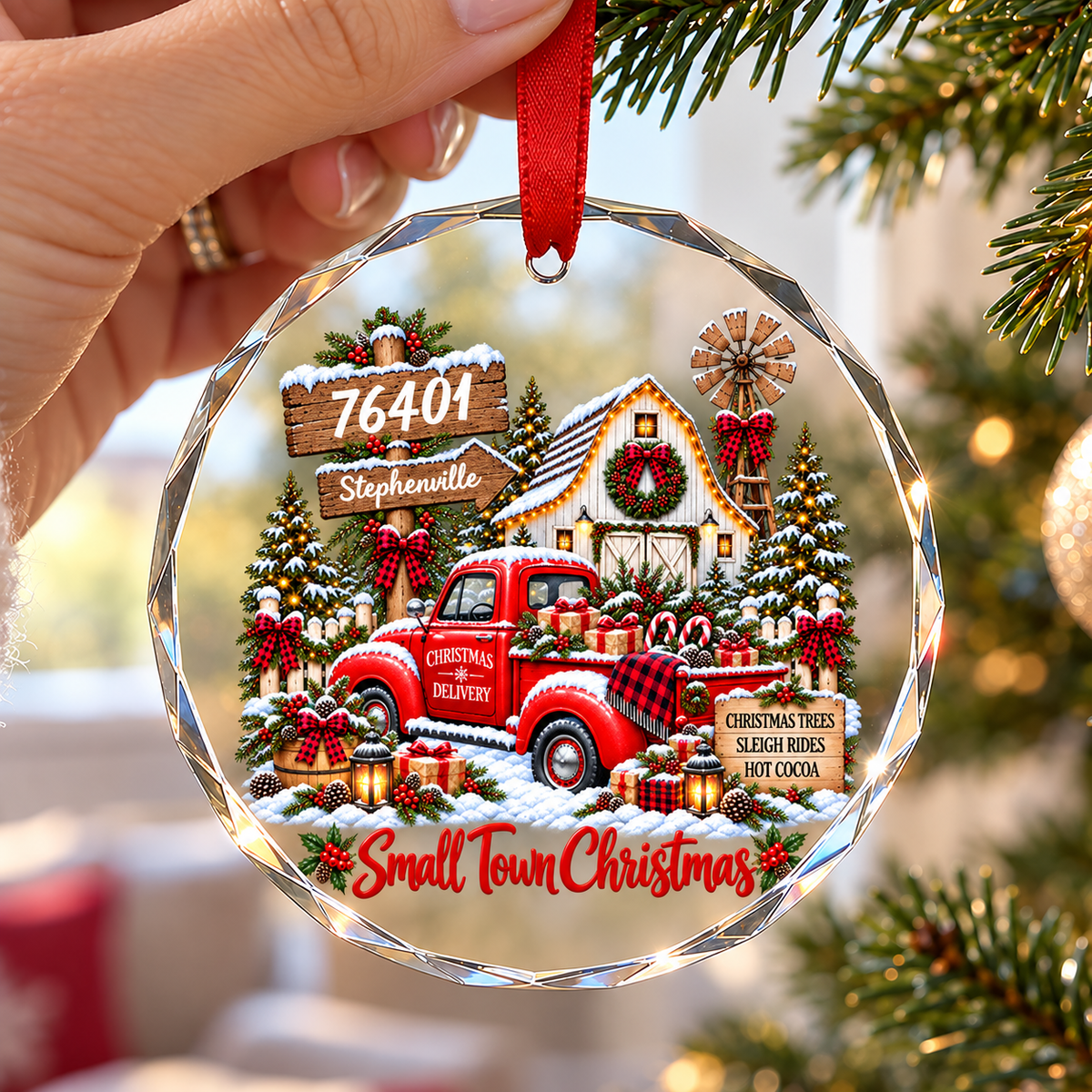 Custom Zip Code Small Town Christmas - Personalized Glass Ornament - Trendy Christmas Holiday Tee, Town Pride