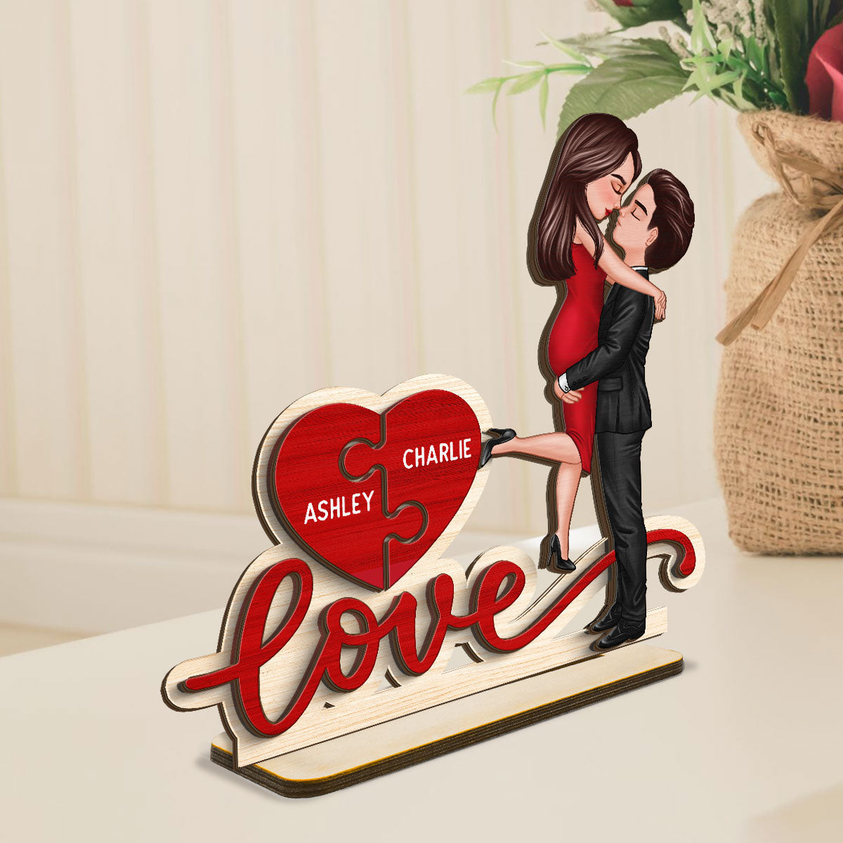 Couple Hugging Kissing Love Missing Piece Personalized 2-Layer Standing Wooden Plaque,  Gift For Him or Her