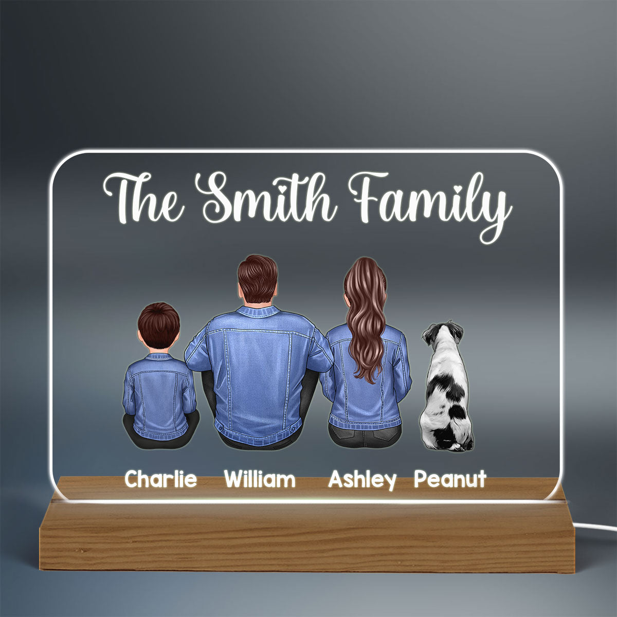 Denim Jacket Sitting Back View Family Personalized Warm Acrylic Custom Shape LED Night Light