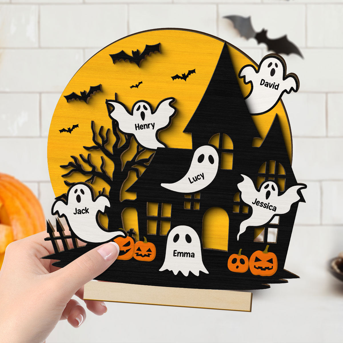 Haunted House Family Boo Personalized 2-Layer Standing Wooden Plaque, Halloween Decoration