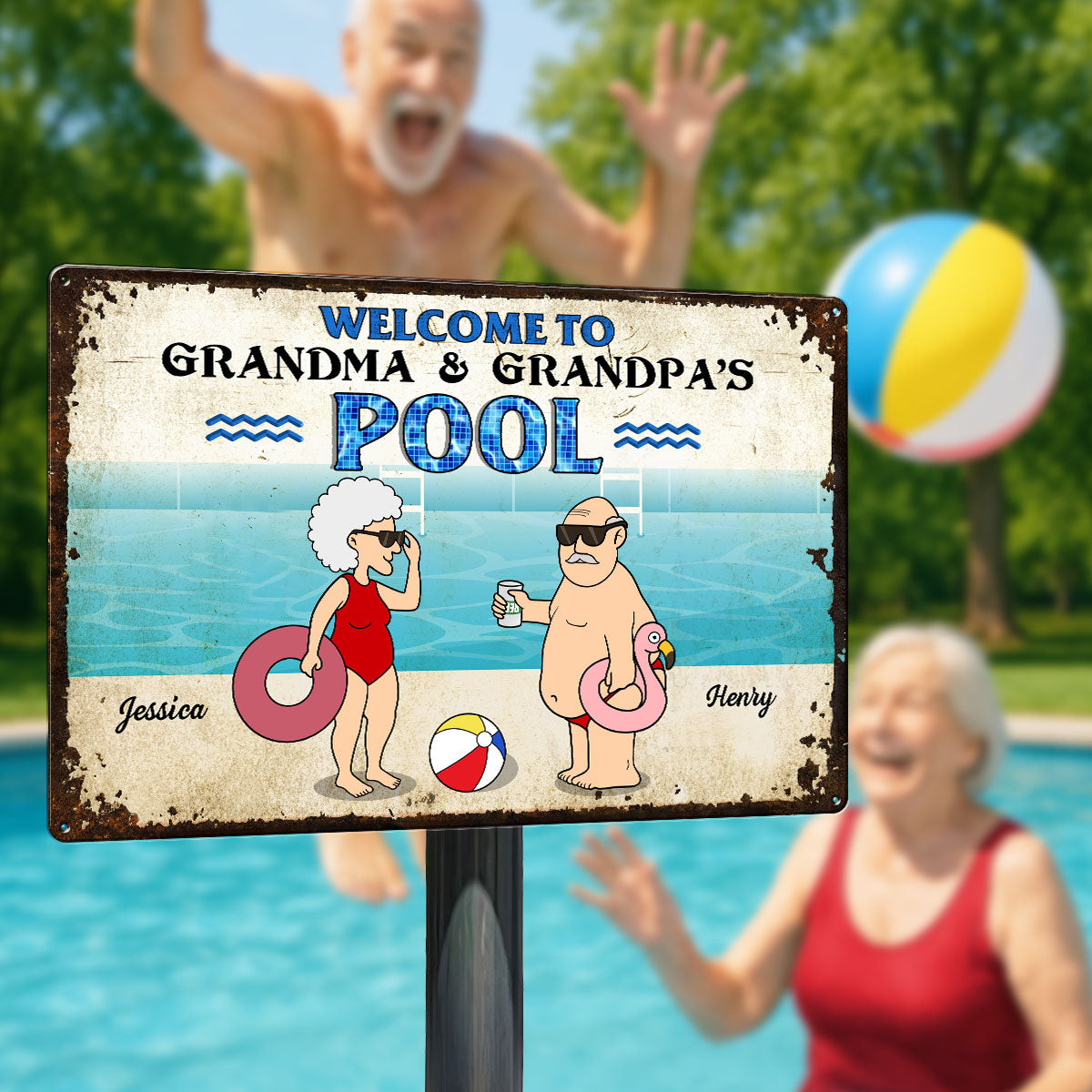 Welcome To Grandma Grandpa Pool, Funny Cartoon Personalized Metal Sign