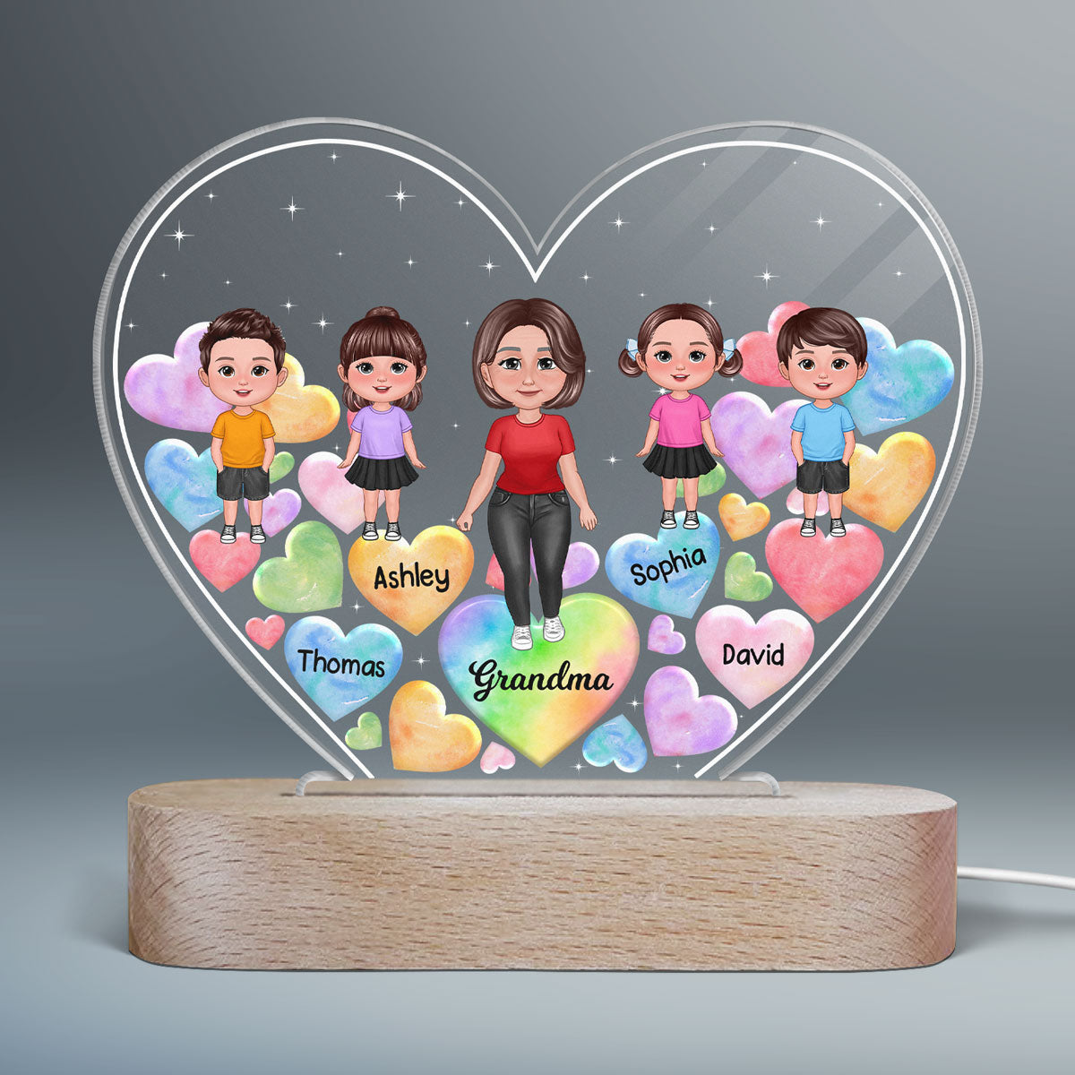 Grandma Mom Standing Doll Hearts In Heart Personalized Heart Acrylic LED Night Light