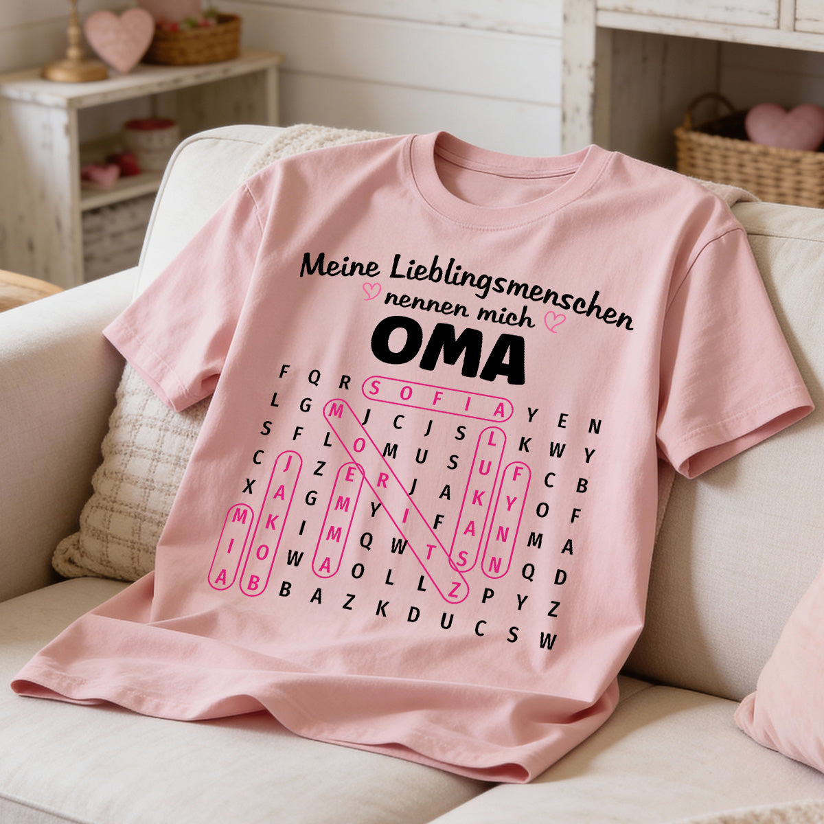 Meine Lieblingsmenschen nennen mich Oma Wortsuchrätsel – Personalisiertes Shirt – Geschenk für Oma