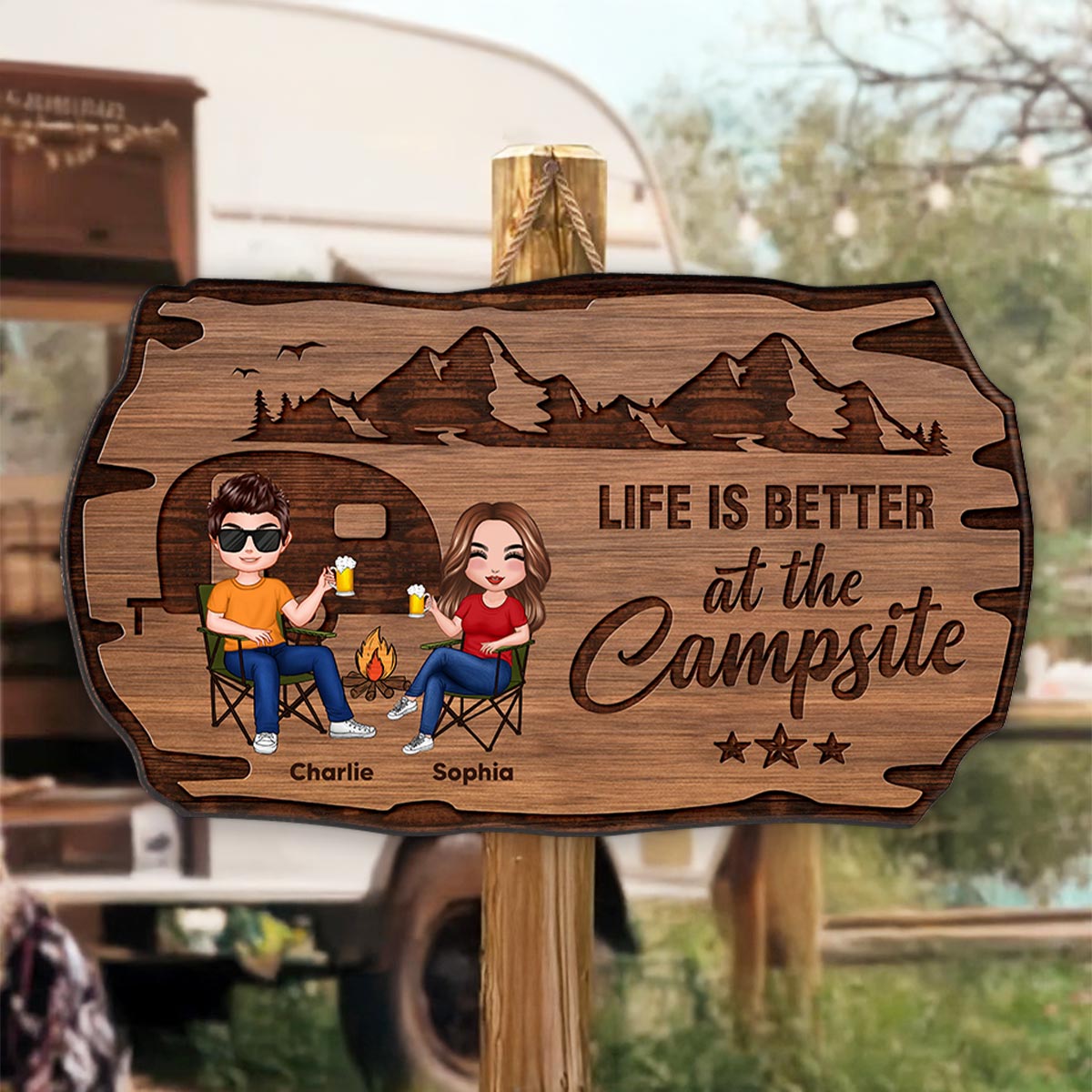 Doll Couple Camping Rustic Personalized Wood Sign