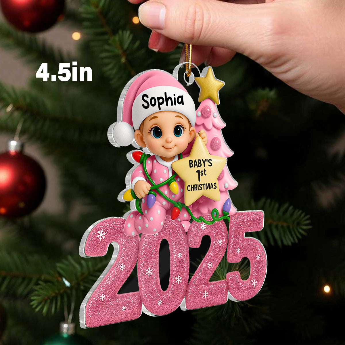 Baby Beside Christmas Tree First Christmas 2025 - Personalized Acrylic Ornament - Heartwarming Christmas Gift For New Born, Baby