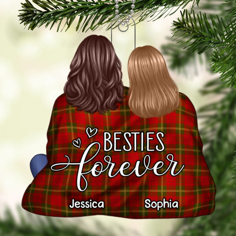 Back View Besties Snuggle In Blanket Christmas Gift For Best Friends Personalized Acrylic Ornament