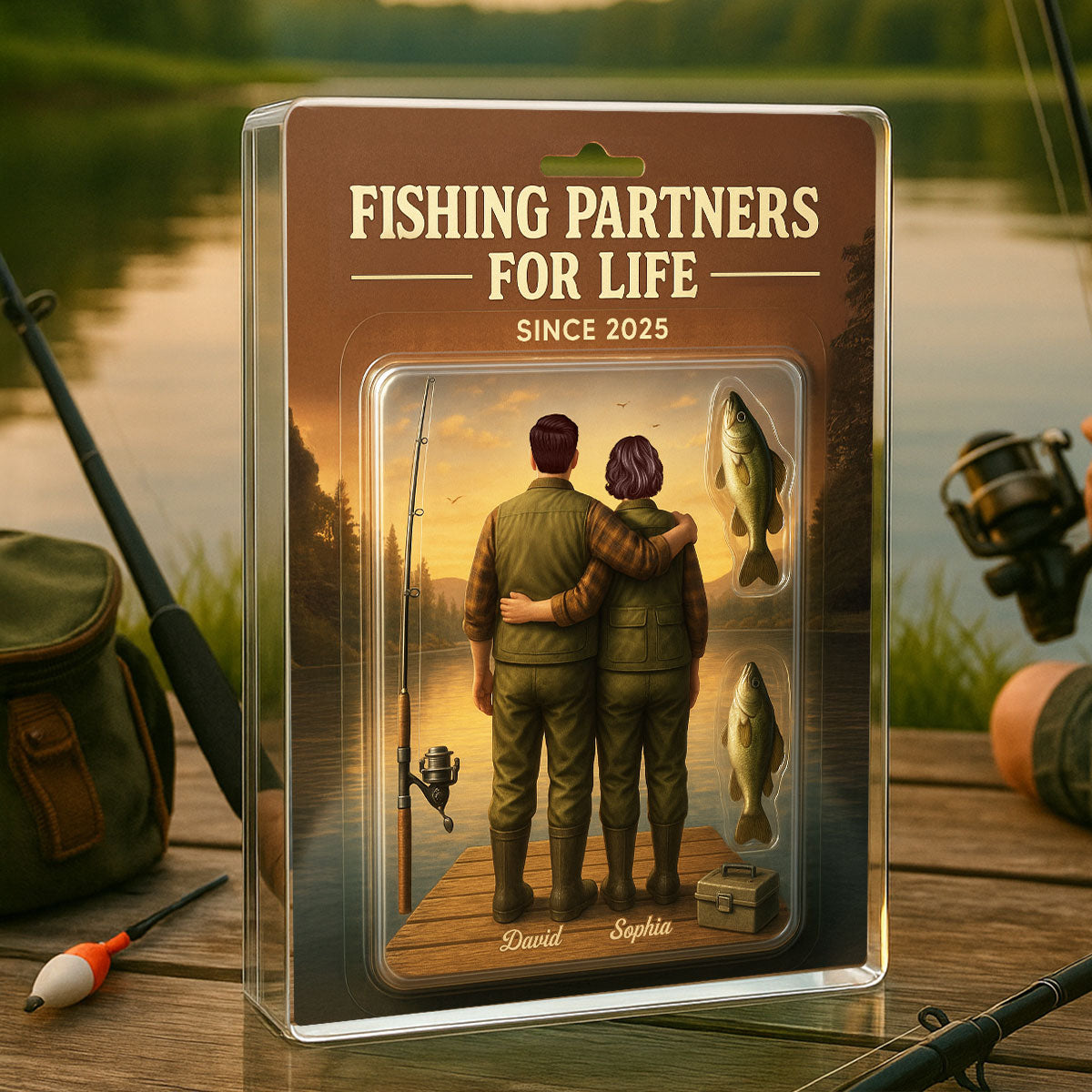 3D Effect Custom Figure Couple Together Fishing Partners For Life Personalized Rectangle Acrylic Block Plaque