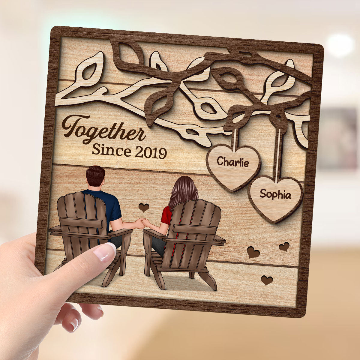 Couple Back View Sitting Under Tree  Personalized 2-Layer Wooden Plaque, Valentine‘s Day Gift For Him, For Her