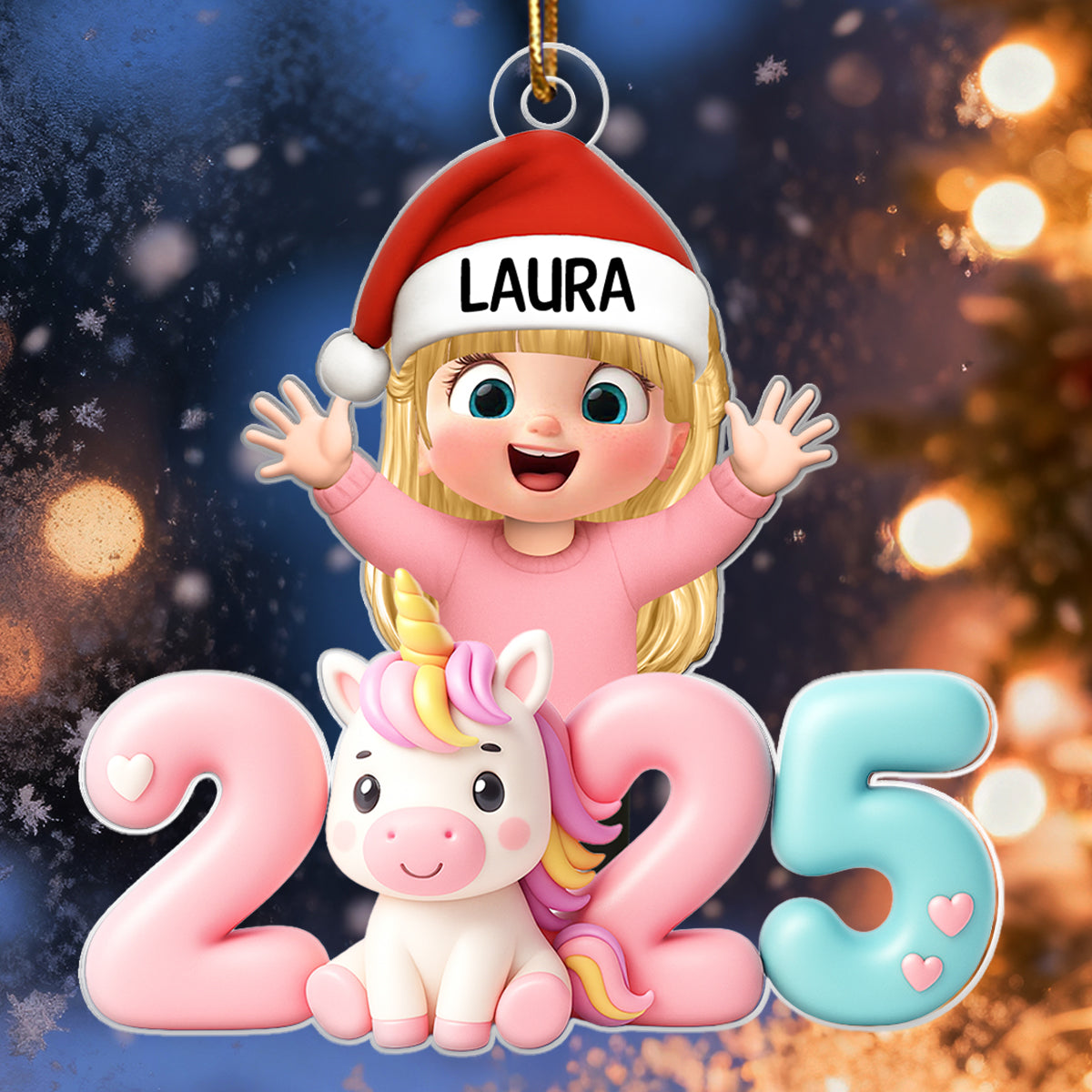 3D Effect Happy Kid With Unicorn Numbers - Personalized Acrylic Ornament - Christmas Gift For Kids, Grandkids, Granddaughter