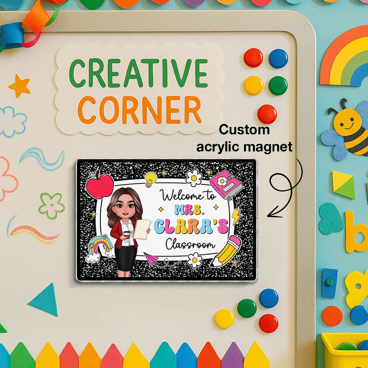 Teacher Composition Book Pattern Personalized Acrylic Whiteboard Magnet, Classroom Decor