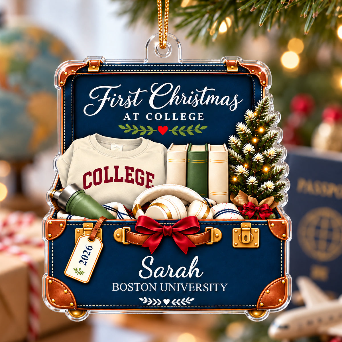 First Christmas at College Suitcase 2D Flat - Personalized Acrylic Ornament – Custom Name & School Christmas Gift for College Freshman