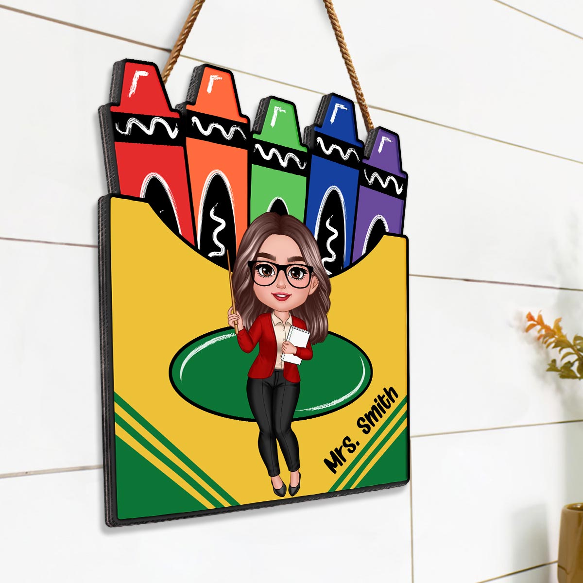 Doll Teacher Crayon Box Personalized Wood Sign, Back To School Gift