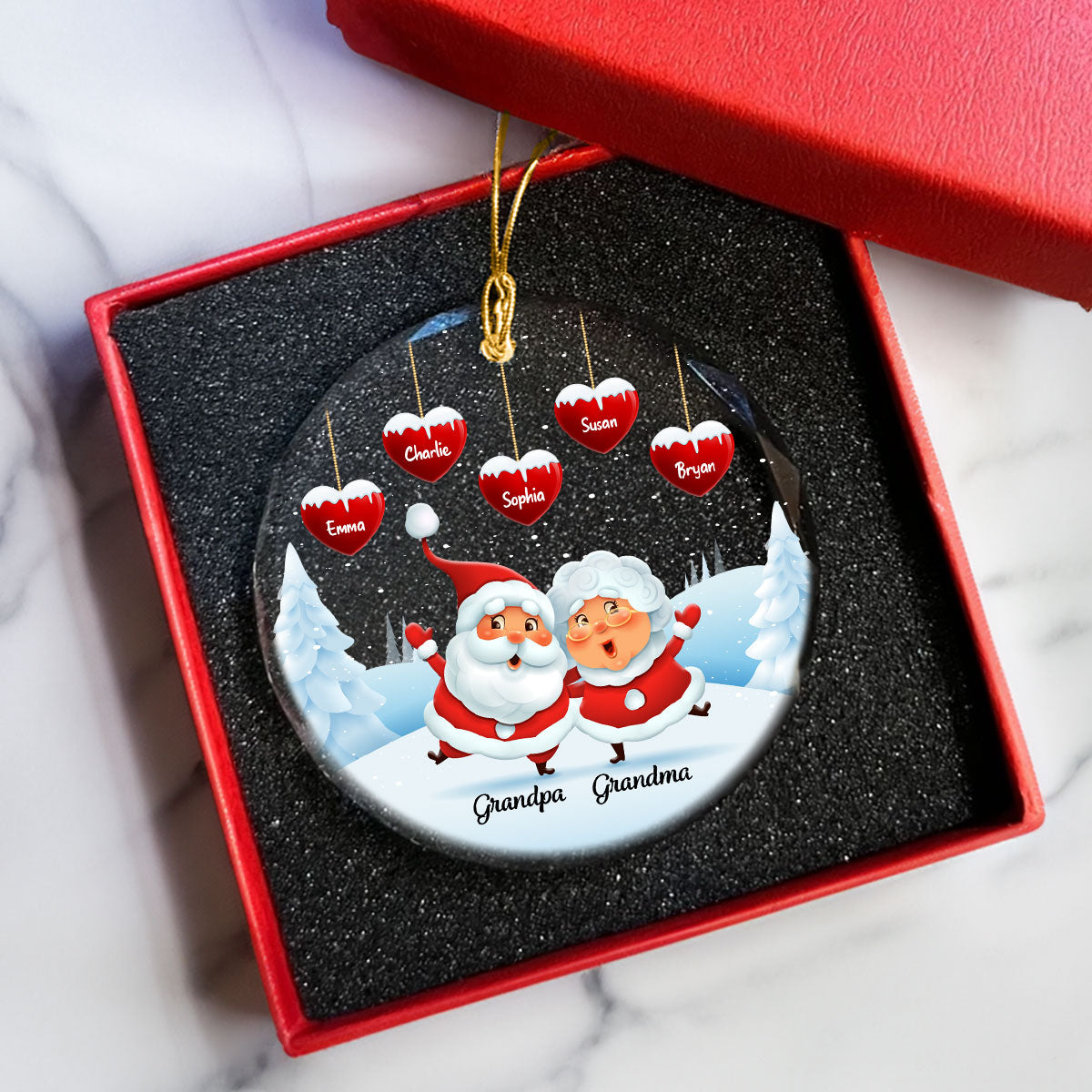 Papa Nana Claus Hearts Kids Names Personalized Glass Ornament