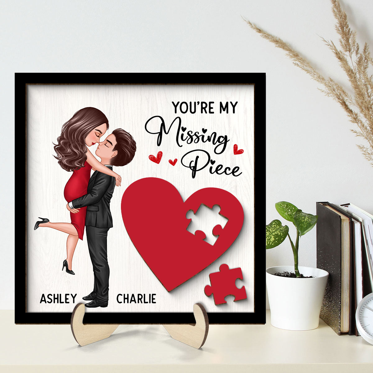 Couple Missing Piece Red Heart Personalized 2-Layer Wooden Plaque, Valentine‘s Day Gift For Him, For Her