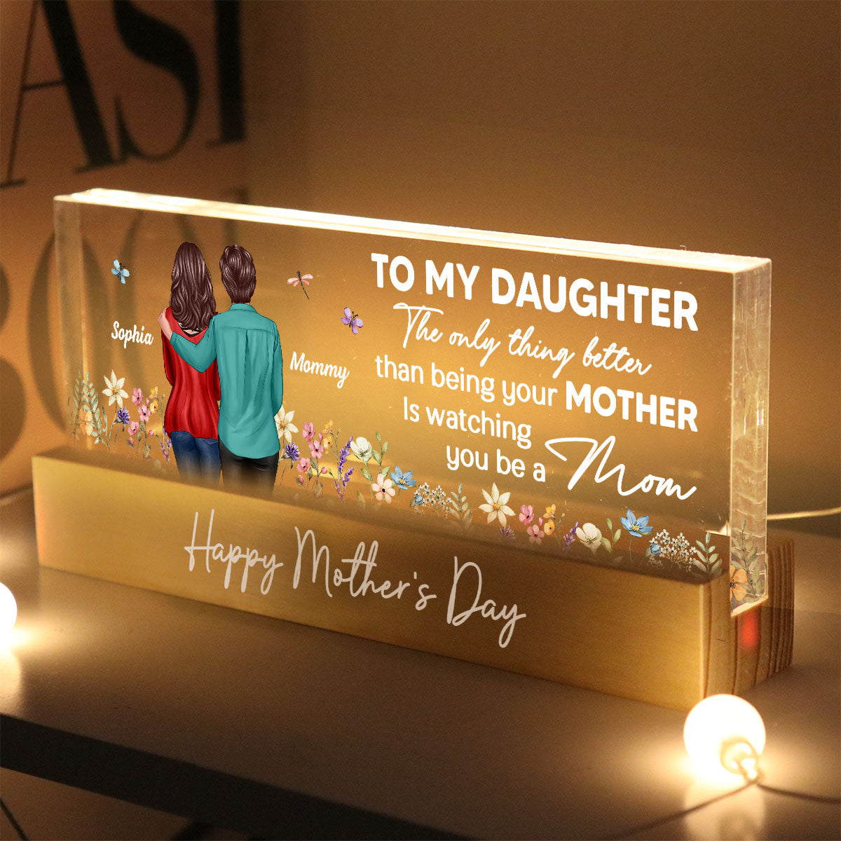 To My Daughter From Mom Happy Mother's Day Floral Personalized Acrylic Block LED Night Light, Gift For Daughter