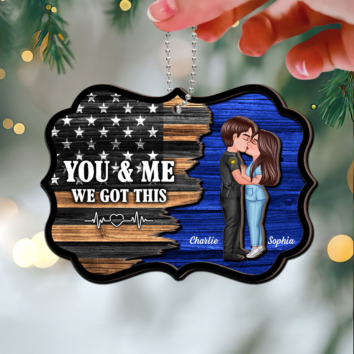 Hero Couple Kissing Half Flag Christmas Decor Gift Personalized 2-Layer Wooden Ornament