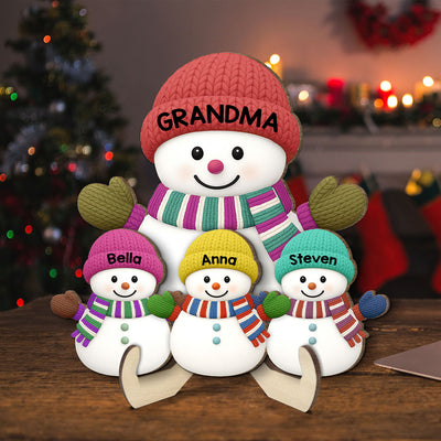 Christmas Grandma Grandkids Snowman Together - Personalized 2-Layered Wooden Plaque - Gift For Grandmas