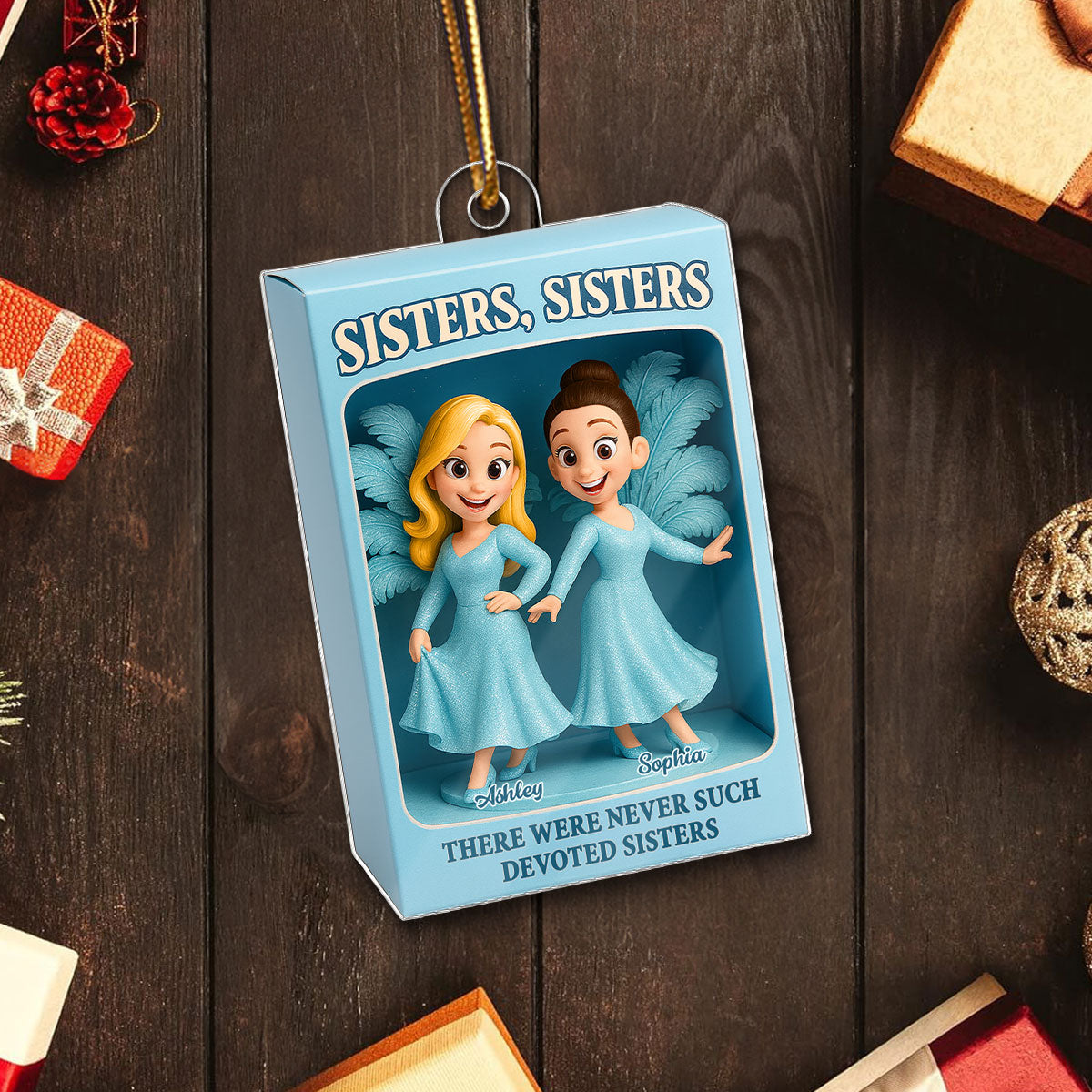 Sisters Besties in Blue Dress Custom Name Toy Box Figure Style Personalized Acrylic Ornament