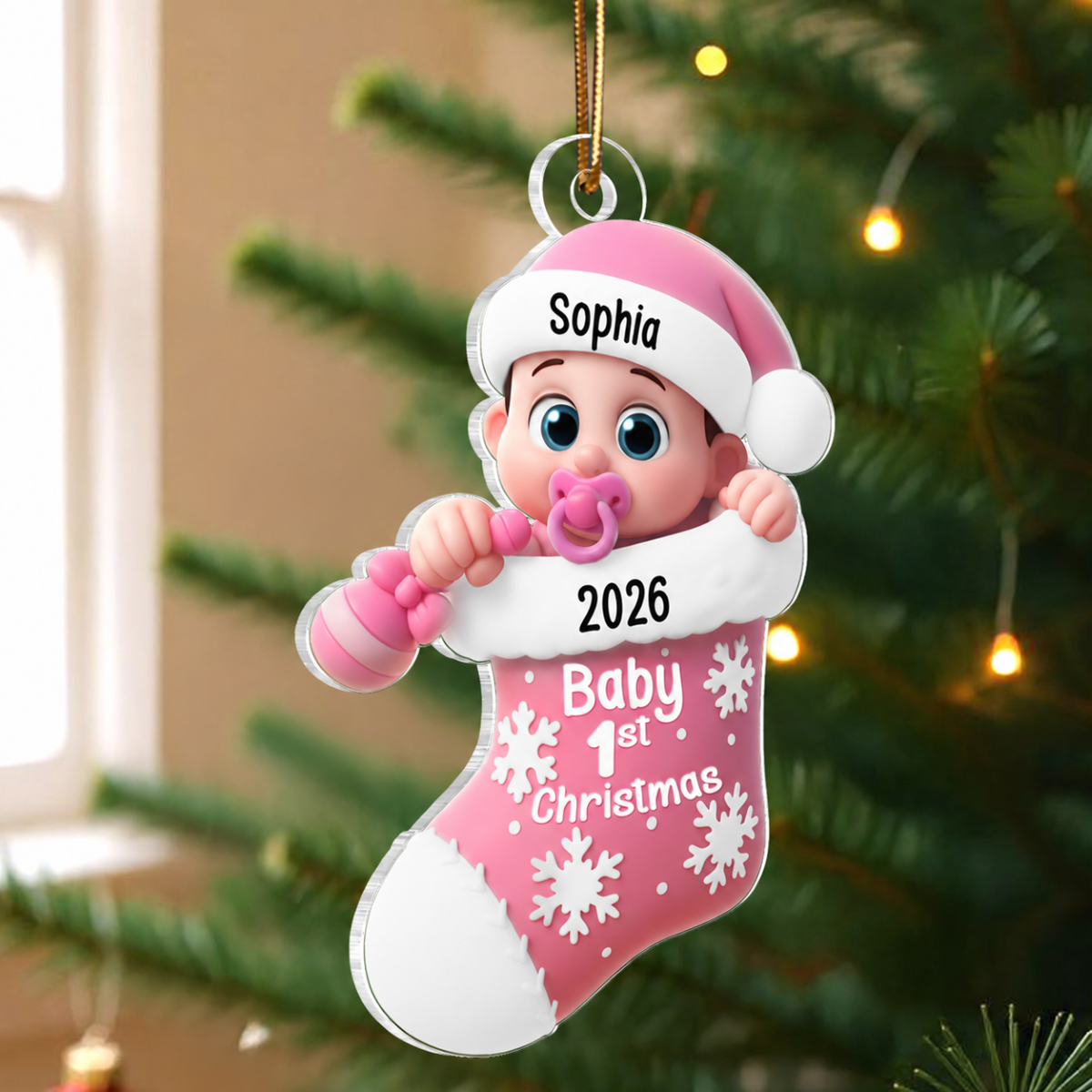 3D Effect Cute Cartoon Baby In Stocking Baby's 1st Christmas Personalized Acrylic Flat Ornament
