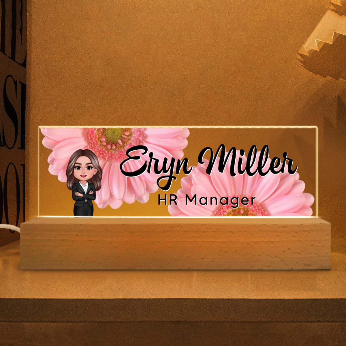 Daisy Woman Office Personalized Acrylic Block LED Night Light, Desk Name Plate, Office Desk Decor, Gift For Colleagues, Coworkers, Boss