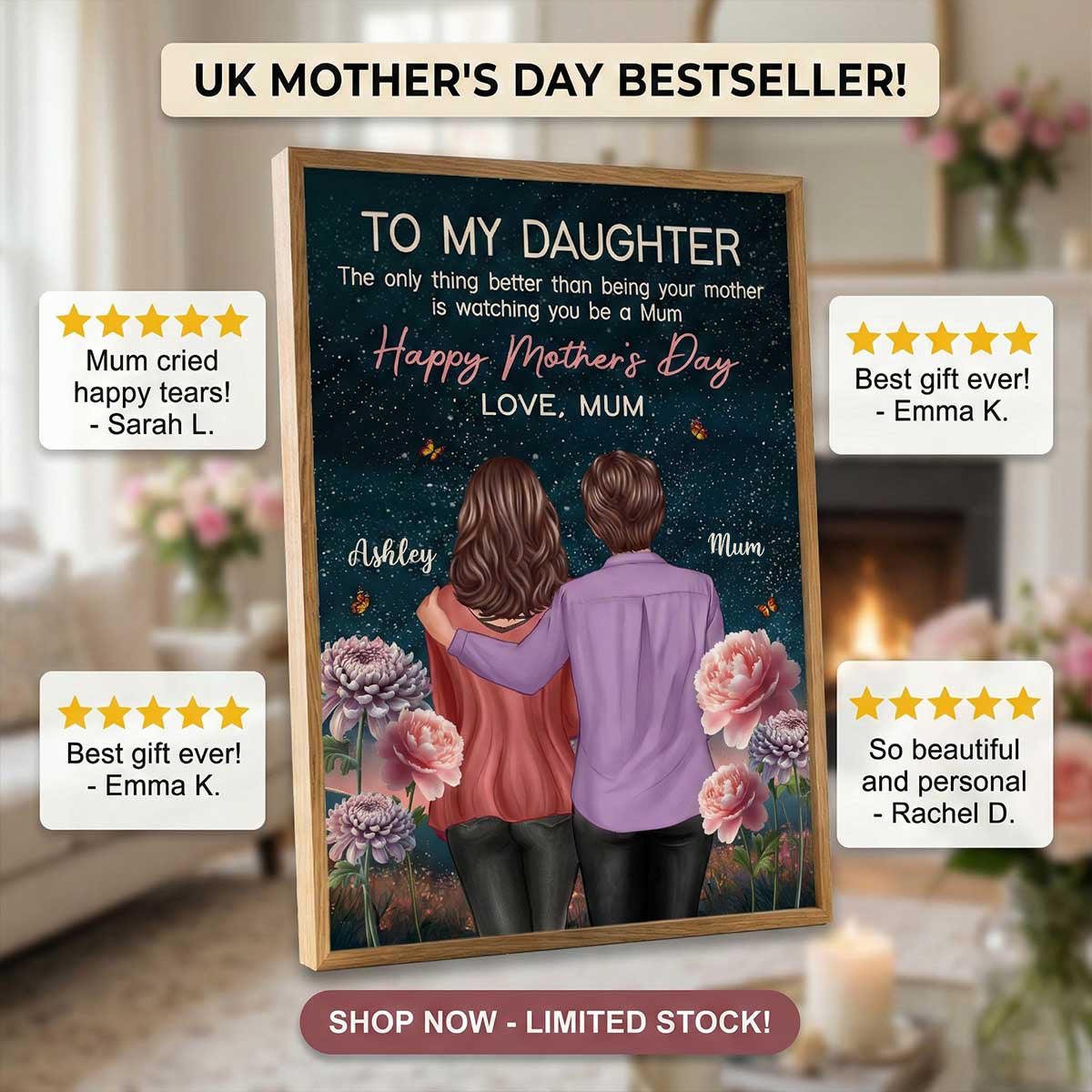 To My Daughter From Mum Happy Mother's Day Birth Flower Beautiful Hill At Night - Personalised Poster