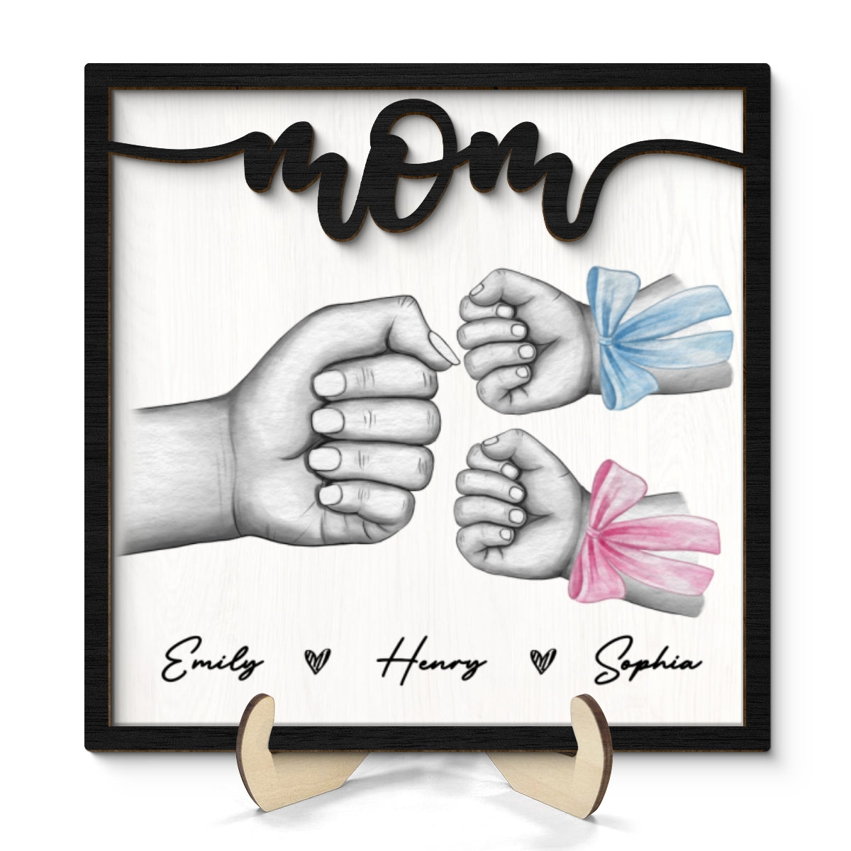 Mom And Kids Fist Bump With Bows Gift For Mom Personalized 2-Layer Wooden Plaque