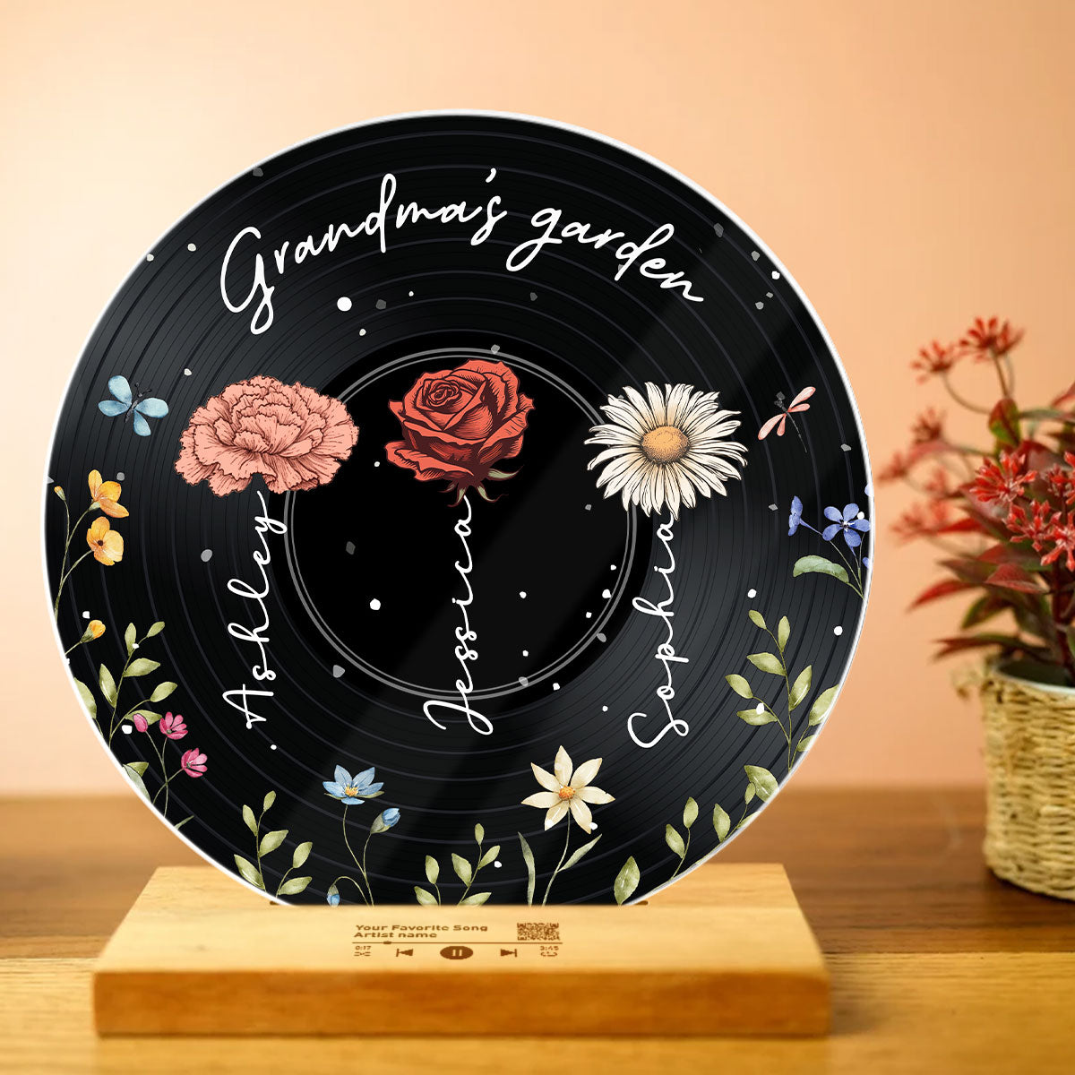 Grandma's Garden  Custom Vinyl Record Acrylic Song Plaque, Scannable QR Code, Personalized Birthday, Anniversary Gift for her and for him