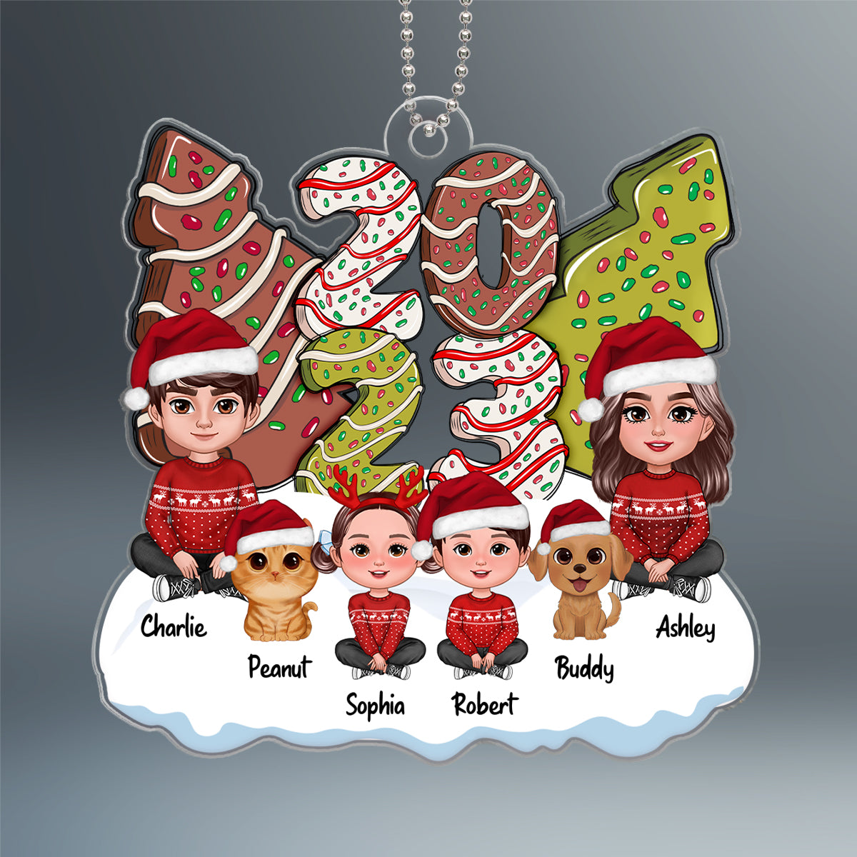 Family Dad Mom Kids Dogs Cats Sitting By 2024 Christmas Tree Cake Patterned Personalized Acrylic Ornament