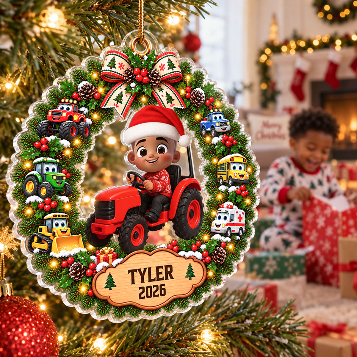 Little Boy Kid With Excavator - Personalized Acrylic Ornament - Christmas Gift For Grandkids