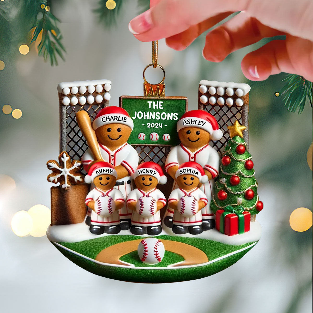 3D Effect Baseball Gingerbread Family On Field Sport Lover - Personalized Acrylic Ornament