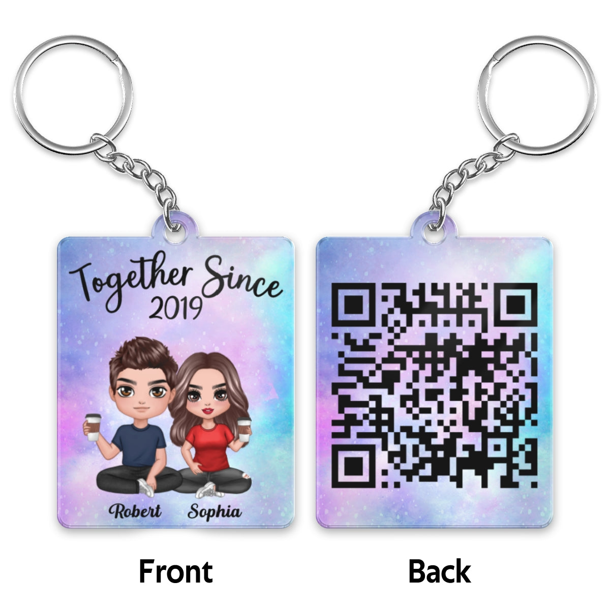 Doll Couple Sitting Custom Secret Message QR Code Gift For Her Gift For Him Personalized Acrylic Keychain