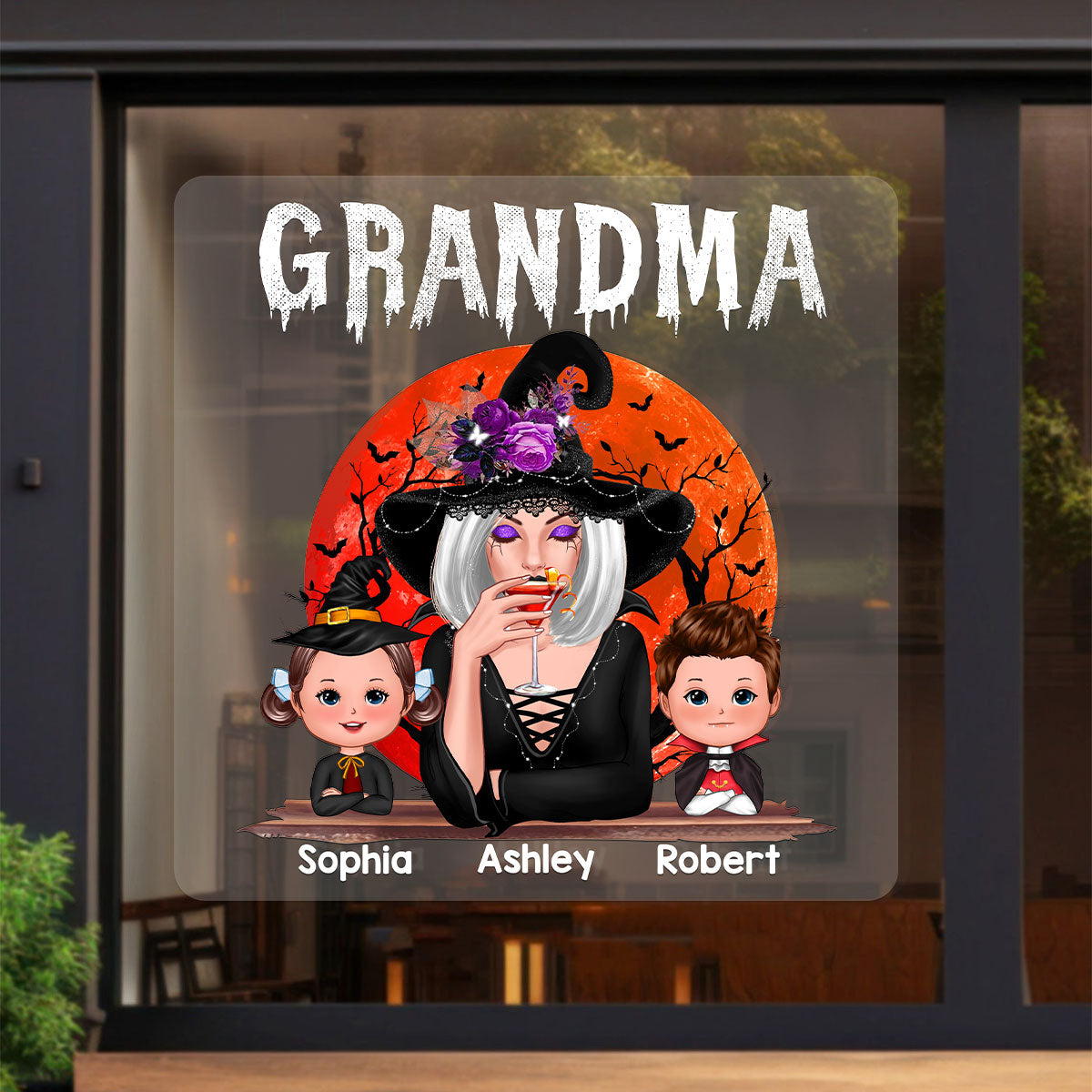 Halloween Moon Grandma Mom Witch With GrandKids Personalized Decal, Halloween Decoration