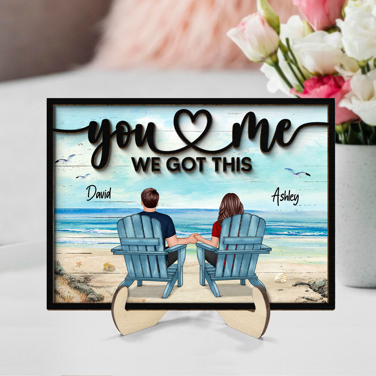 Back View Couple Beach Landscape Valentine‘s Day Gift For Him For Her Personalized 2-Layer Wooden Plaque