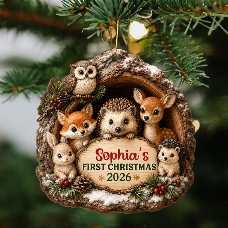Baby First Christmas Woodland Animal - Personalized Wooden Ornament - Christmas Gift For Newborn Baby