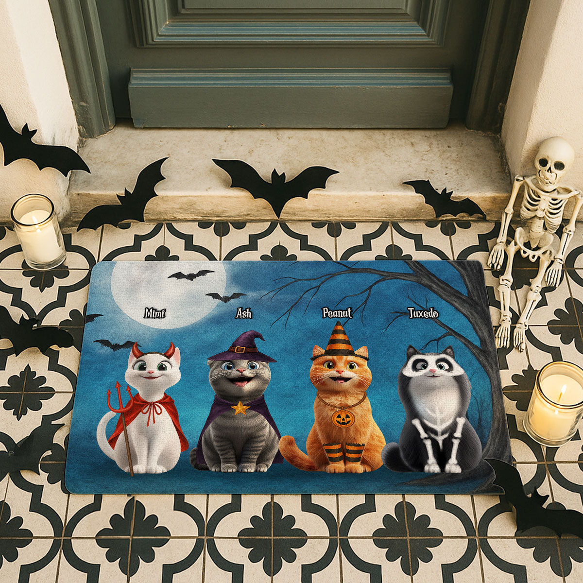 Halloween Cute Cats Sitting in the Moon Light Personalized Doormat, Halloween Decor for Cat Lovers