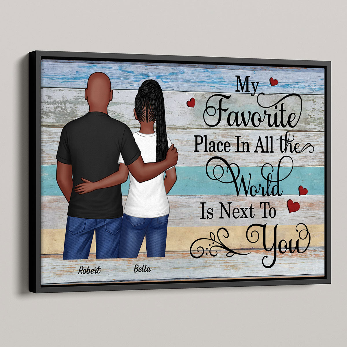 Couple Standing Back View Colorful Wood Pallets Personalized Poster