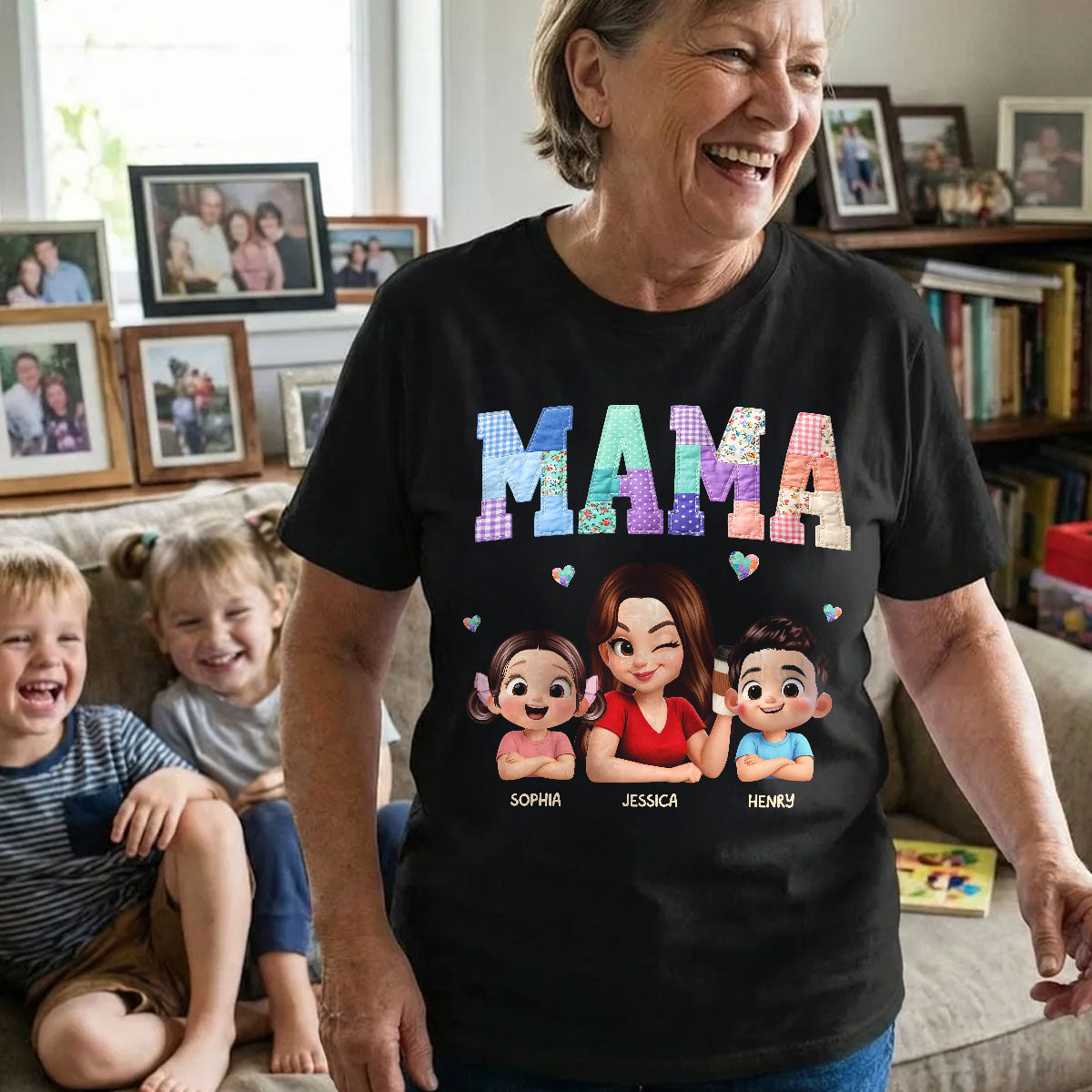 Patchwork Floral Mama Faux Embroidered - Personalized Shirt - Gift for Mom