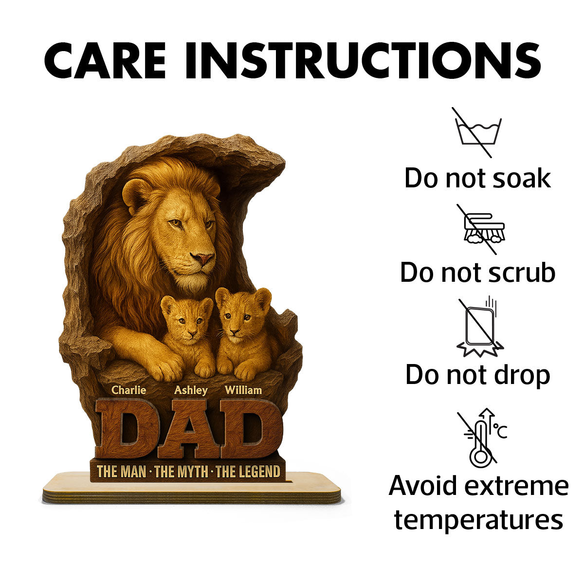 Lion Dad And Kids Personalized 2- Layer Standing Wooden Plaque, Unique Father's Day Gift For Dad