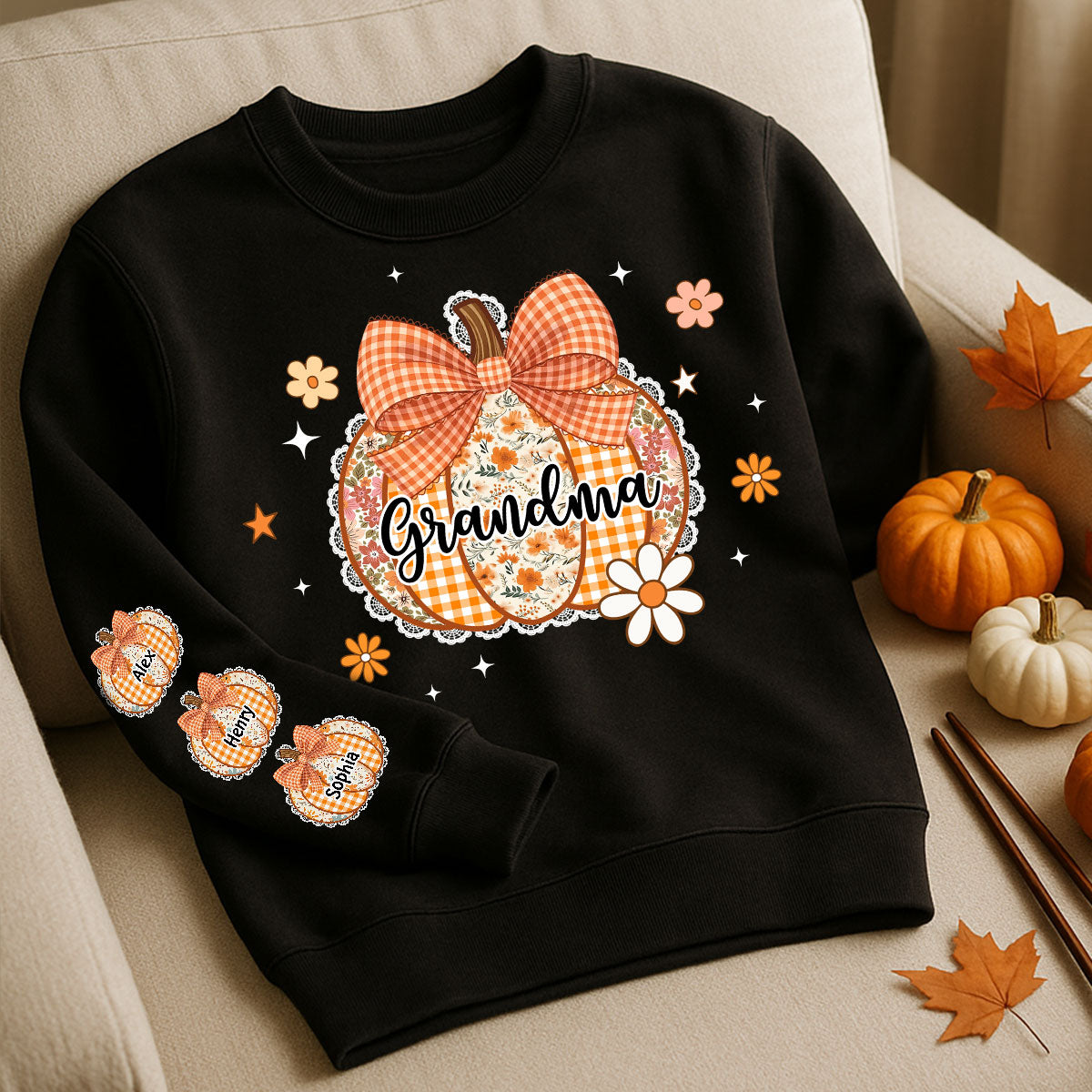 Fall Season Lace Pattern Grandma Pumpkins Personalized Sleeve Printed Sweatshirt