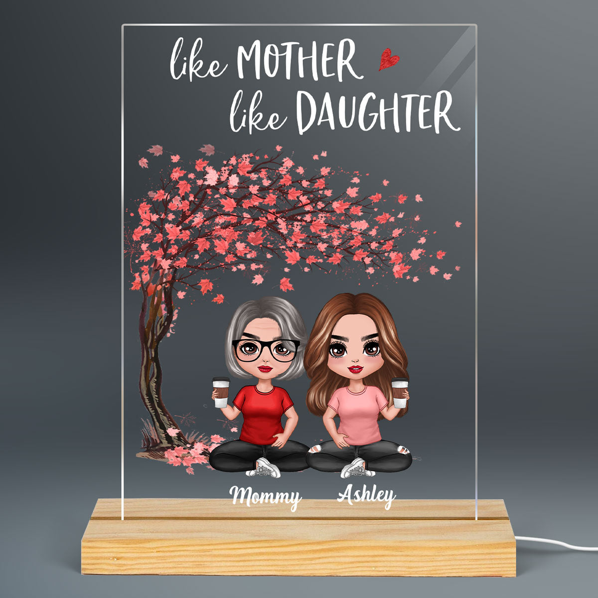 Doll Mother And Daughter Under Pink Tree Personalized Rectangle Acrylic LED Night Light