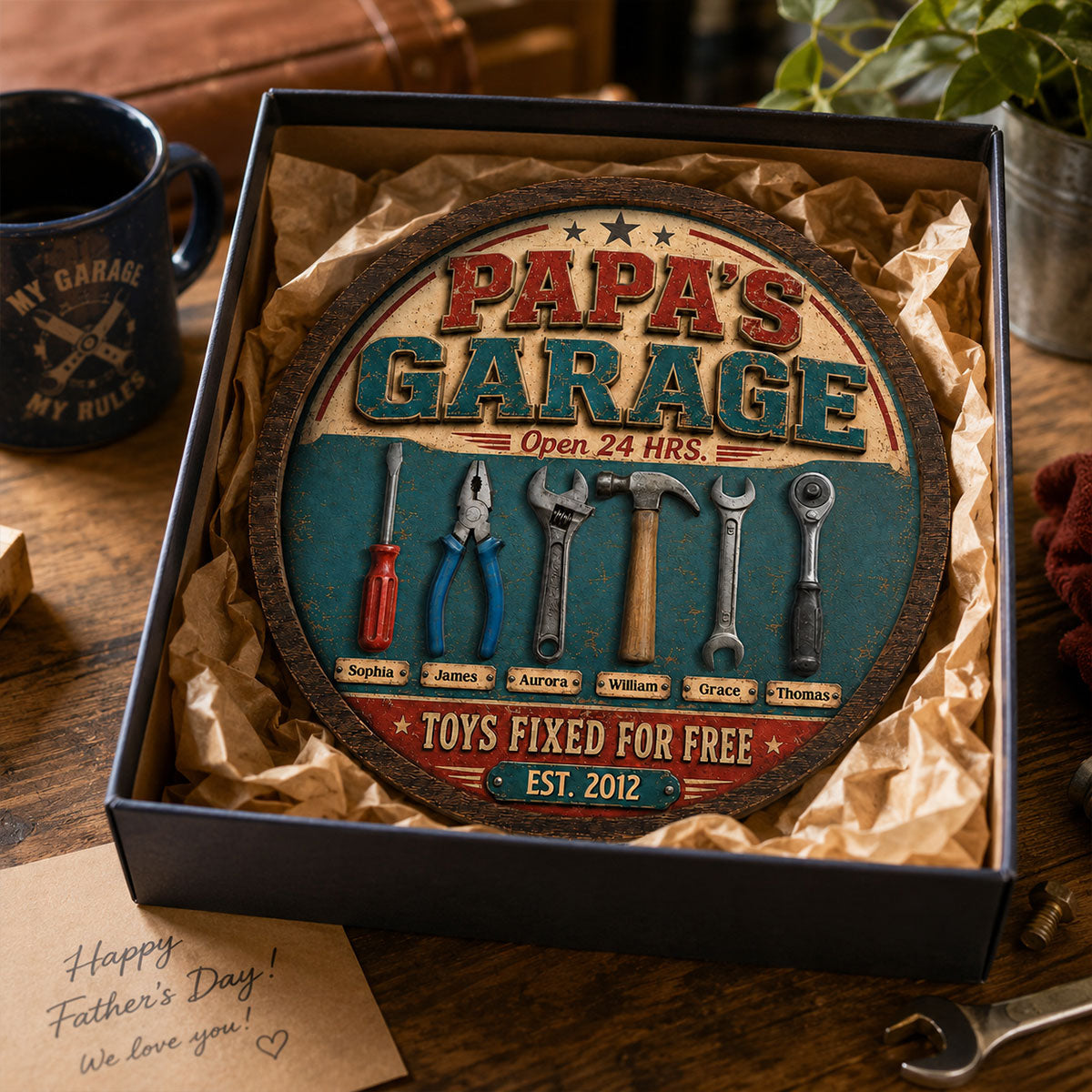 Papa Dad's Garage Toys Fixed For Free Custom Kid Name 2D Flat - Personalized 2-Layered Wooden Plaque - Father's Day Gift For Mechanic Dad, Grandpa
