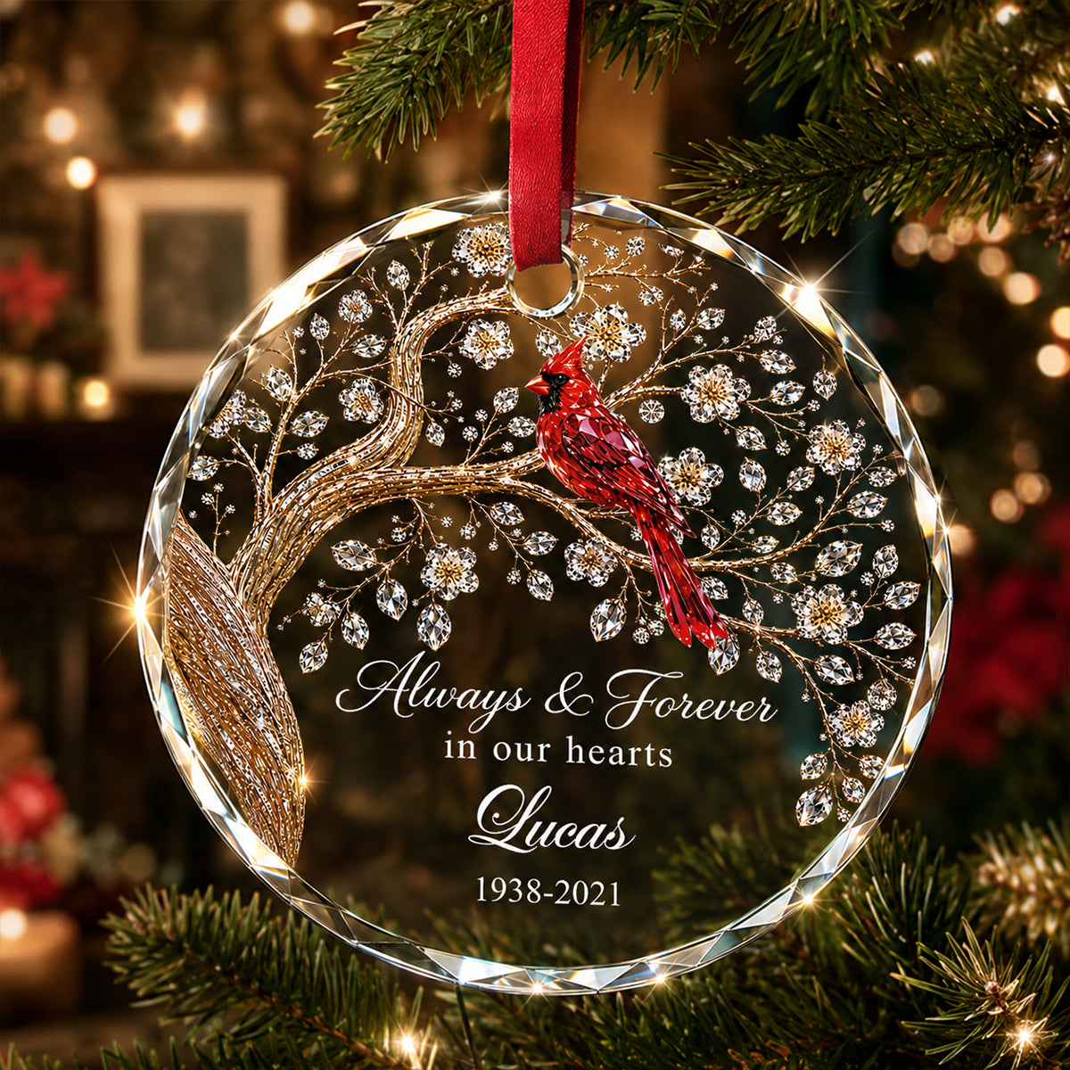 Always And Forever in Our Hearts - Personalized Glass Ornament - Heartfelt Memory Sympathy Keepsake for Loved Ones