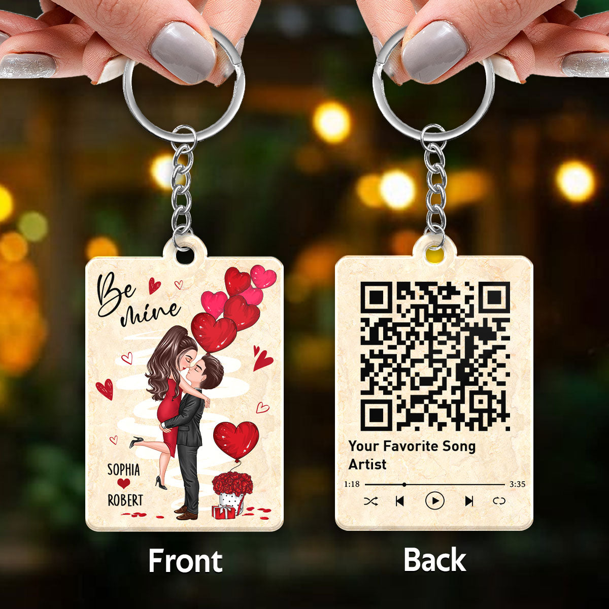 Be Mine Doll Couple Hugging Kissing Favorite Song QR Code Personalized Acrylic Keychain