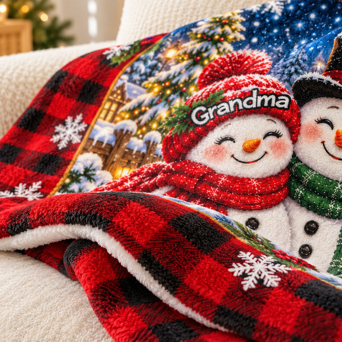 Cute Snowman Grandparents & Grandkids - Personalized Fleece Blanket - Christmas Gift For Grandparents